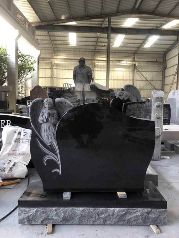 HAND SCULPTED JET BLACK GRANITE ANGEL HEADSTONE The Memorial Man.