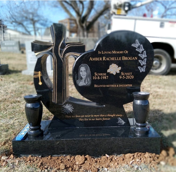 Jet Black Granite Heart with Cross Upright Headstone – Memorial