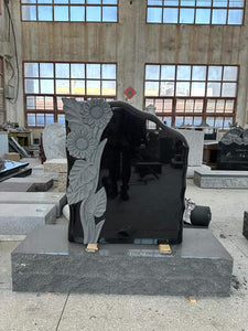 SCULPTED SUNFLOWER JET BLACK GRANITE HEADSTONE The Memorial Man.