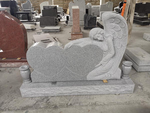 Sculpted Angel Gray Granite Double Headstone
