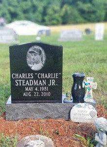 Economic Jet Black Granite Single Upright Headstone with Etched Photo and Vase The Memorial Man.