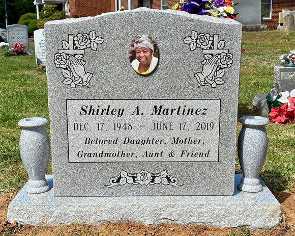 Blue Ridge Granite Single Upright Headstone with Porcelain Portrait and Flower Vases The Memorial Man.