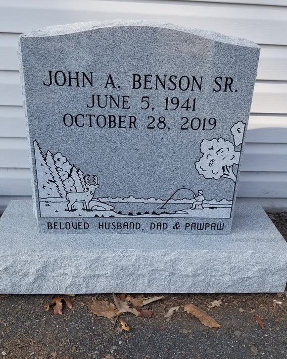 Single Gray Granite Headstone with Scene The Memorial Man.